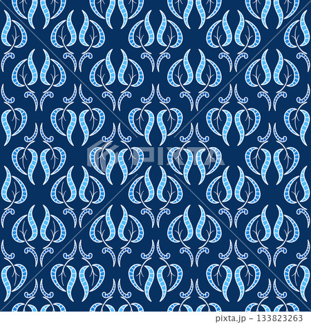 Elegant plant seamless pattern in classic style. Blue curved leaves on dark blue background. Traditional vintage monochrome blue floral ornament Elegant plant seamless pattern in classic style. Blue curved leaves on dark blue background. Traditional vintage monochrome blue floral ornament 133823263