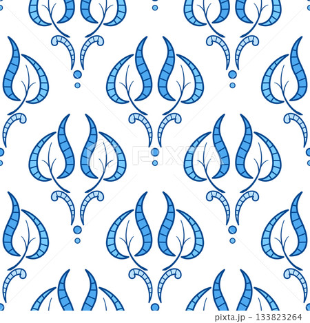 Vintage cutwork embroidery. Monochrome blue floral ornament. Blue curved leaves on white background. Plant seamless pattern in classic ancient style 133823264