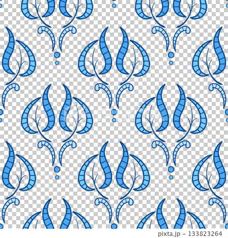 Vintage cutwork embroidery. Monochrome blue floral ornament. Blue curved leaves on white background. Plant seamless pattern in classic ancient style 133823264