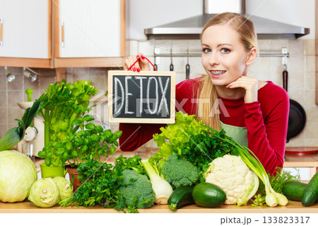 Woman in kitchen having green detox vegetables Woman in kitchen having green detox vegetables 133823317