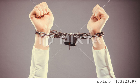 Business woman with chained hands Business woman with chained hands 133823397
