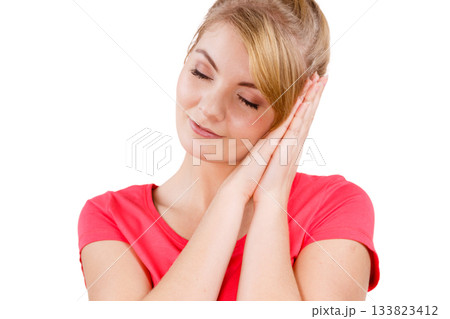 Woman sleepy tired girl almost falling asleep 133823412