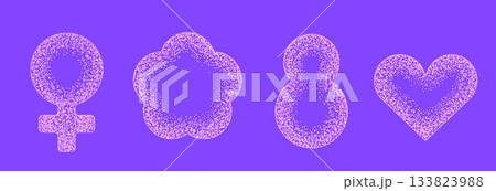 8 March, International Women's Day, Stipple Effect minimal elements set - female sign, flower, eight, heart. Vector dotted stippling textured Illustration 133823988