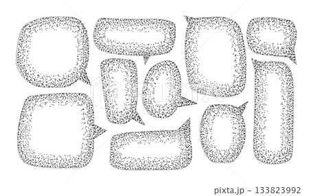 Black and white grunge grainy speech bubbles set. Stippling pencil charcoal speech labels collection with noise stipple dots texture. Vector Black and white grunge grainy speech bubbles set. Stippling pencil charcoal speech labels collection with noise stipple dots texture. Vector 133823992