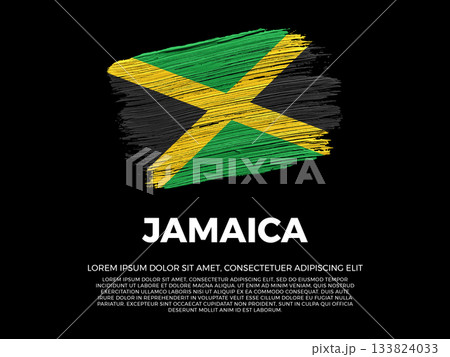 Flag of Jamaica. Jamaican and Caribbean Culture. Vibrant, textured brushstroke effect style. Black background with copy space. Dramatic composition in negative space. Flag of Jamaica. Jamaican and Caribbean Culture. Vibrant, textured brushstroke effect style. Black background with copy space. Dramatic composition in negative space. 133824033