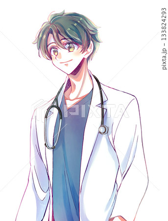 白衣とスクラブを着た爽やかな男性　聴診器　黒髪 133824293