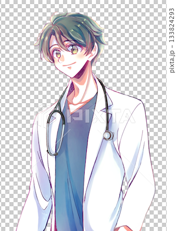 白衣とスクラブを着た爽やかな男性　聴診器　黒髪 133824293