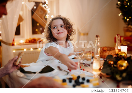 Cheerful small girl during Christmas Eve. Banner with copy space. Cheerful small girl during Christmas Eve. Banner with copy space. 133824705