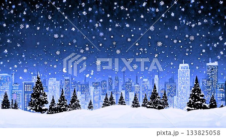 雪降る夜の街並み 133825058