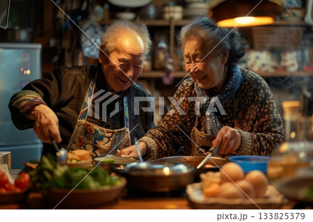 An elderly Asian couple joyfully prepares a healthy meal together in their kitchen, following a personalized nutrition plan tailored to their genetic predispositions and wellness goals. An elderly Asian couple joyfully prepares a healthy meal together in their kitchen, following a personalized nutrition plan tailored to their genetic predispositions and wellness goals. 133825379