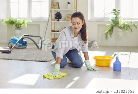 Positive Woman Dusting the Living Room Floor at Home 133825553