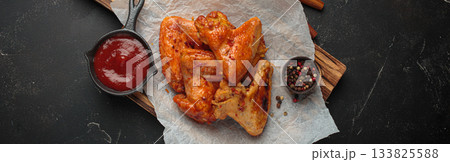 Roasted grilled chicken wings dipping sauce ketchup wooden cutting board barbecue bbq 133825588