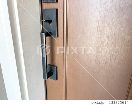 A matte black door handle is mounted on a light wood entry door. The modern hardware adds a clean and contemporary touch to the residential entryway. A matte black door handle is mounted on a light wood entry door. The modern hardware adds a clean and contemporary touch to the residential entryway. 133825614