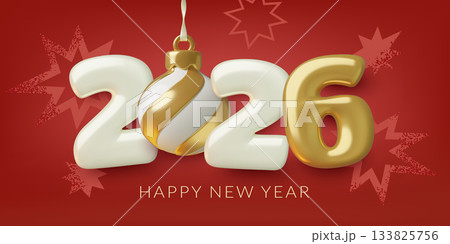2026 New Year banner with 3d numbers Christmas ornament and abstract fireworks on red background 2026 New Year banner with 3d numbers Christmas ornament and abstract fireworks on red background 133825756