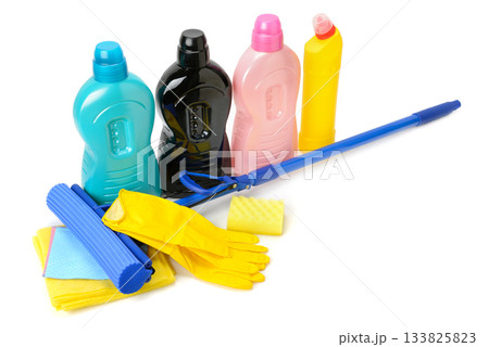 Cleaning products and tools for laundry and bathroom isolated on white background with copy space 133825823
