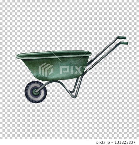 Garden or construction green wheelbarrow. Hand-drawn watercolor illustration. Concept of an agricultural tool. Element of banner, label, postcard, and more design. Garden or construction green wheelbarrow. Hand-drawn watercolor illustration. Concept of an agricultural tool. Element of banner, label, postcard, and more design. 133825837