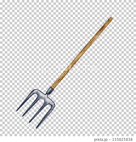 Garden pitchfork. Hand-drawn watercolor illustration. Garden and farm pitchfork with wooden handle. Concept of an agricultural tool. Design element. 133825838