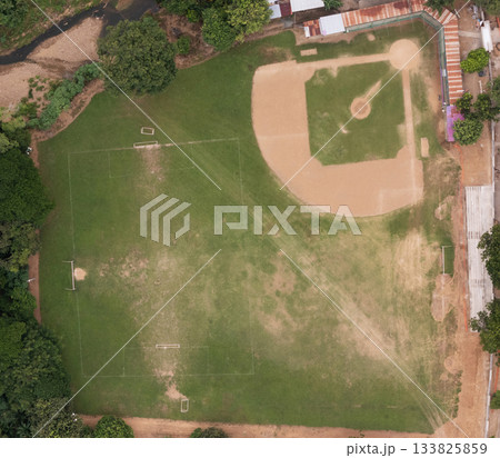 Sports field view from above showing baseball and soccer areas 133825859