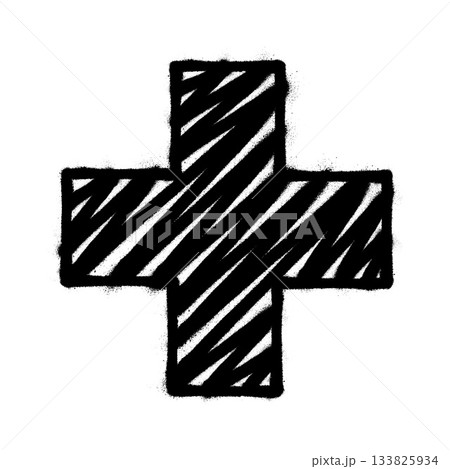 Hand-drawn black cross icon with rough sketched lines on white background. 133825934
