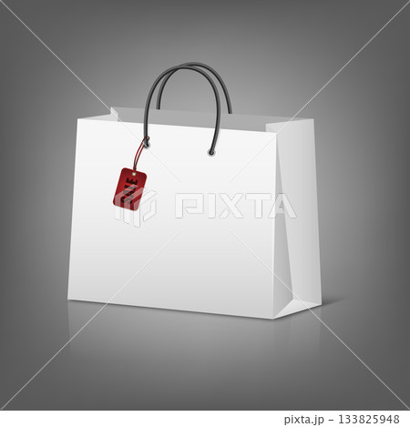 Shopping Bag with Sale Tag. White Paper Shopping Bag with Red Sale Label, Realistic 3D Vector Shopping Bag for Discount, Promotion, Black Friday Offer, Retail Store and Fashion Shop Advertising Design Shopping Bag with Sale Tag. White Paper Shopping Bag with Red Sale Label, Realistic 3D Vector Shopping Bag for Discount, Promotion, Black Friday Offer, Retail Store and Fashion Shop Advertising Design 133825948