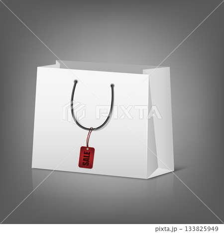 Shopping Bag with Sale Tag. White Paper Shopping Bag with Red Sale Label, Realistic 3D Vector Shopping Bag for Discount, Promotion, Black Friday Offer, Retail Store and Fashion Shop Advertising Design 133825949