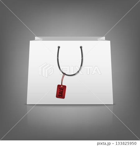 Shopping Bag with Sale Tag. White Paper Shopping Bag with Red Sale Label, Realistic 3D Vector Shopping Bag for Discount, Promotion, Black Friday Offer, Retail Store and Fashion Shop Advertising Design Shopping Bag with Sale Tag. White Paper Shopping Bag with Red Sale Label, Realistic 3D Vector Shopping Bag for Discount, Promotion, Black Friday Offer, Retail Store and Fashion Shop Advertising Design 133825950