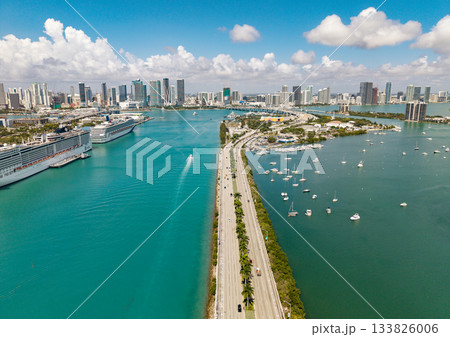 Miami, Florida, USA - March 31, 2025: MSC and Carnival Conquest cruise ship. Miami port and MacArthur Causeway marina. Cruise summer vacation. MSC cruises. Carnival cruise line. Ship in Miami port Miami, Florida, USA - March 31, 2025: MSC and Carnival Conquest cruise ship. Miami port and MacArthur Causeway marina. Cruise summer vacation. MSC cruises. Carnival cruise line. Ship in Miami port 133826006