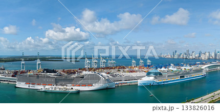 Miami, Florida, USA - May 17, 2025: MSC World America and Icon of the seas cruise ship voyage. MSC cruises and Royal Caribbean International cruise line. Cruise ship tour. Ship in Miami port Miami, Florida, USA - May 17, 2025: MSC World America and Icon of the seas cruise ship voyage. MSC cruises and Royal Caribbean International cruise line. Cruise ship tour. Ship in Miami port 133826016