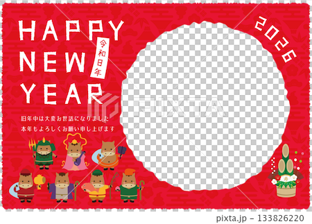 2026年新年賀卡，圓形相框，紅色背景，七福神，棕色駿馬 133826220