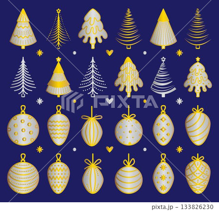 Festive Christmas trees and toys, vector gold and silver icon set. Various winter decorations for firs, spruces, pines. Decorative signs for coniferous trees. Golden and chrome cliparts Festive Christmas trees and toys, vector gold and silver icon set. Various winter decorations for firs, spruces, pines. Decorative signs for coniferous trees. Golden and chrome cliparts 133826230