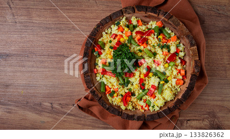 couscous with vegetables, paprika, carrots, string beans, corn, homemade, top view, no people, 133826362