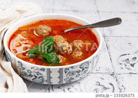 Romanian soup with meatballs, vegetable soup with meatballs, tiled table, homemade, no people, Romanian soup with meatballs, vegetable soup with meatballs, tiled table, homemade, no people, 133826373