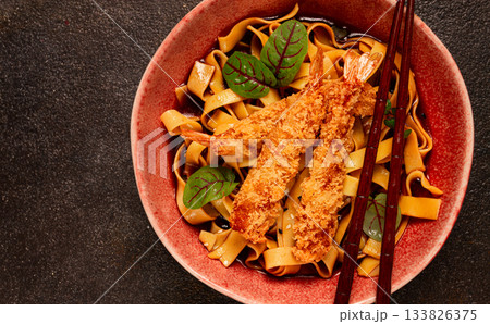 Udon noodles with shrimp in tempura, Japanese cuisine, homemade, no people, 133826375