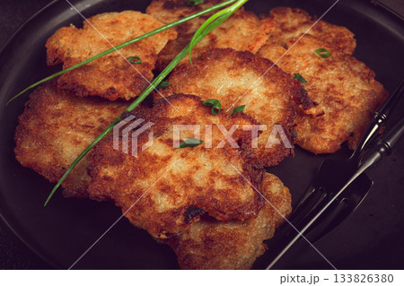 potato pancakes, pancakes with sour cream, Belarusian dish, homemade, no people, 133826380