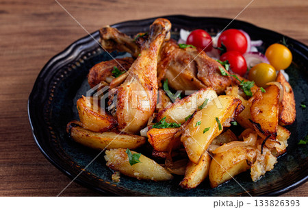 fried chicken legs with potato slices, on a plate, baked in the oven, with spices, homemade, no people fried chicken legs with potato slices, on a plate, baked in the oven, with spices, homemade, no people 133826393