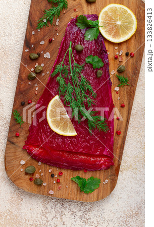 Salmon gravlax with beetroot, Scandinavian snack, beet gravlax, lightly salted fish, homemade, no people, Salmon gravlax with beetroot, Scandinavian snack, beet gravlax, lightly salted fish, homemade, no people, 133826413