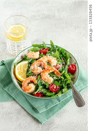 Shrimp salad with arugula and cherry tomatoes, with parmesan cheese, healthy food, Shrimp salad with arugula and cherry tomatoes, with parmesan cheese, healthy food, 133826456
