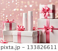 Group of Wrapped Presents with Pink Ribbons 133826611