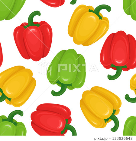 Bell Pepper Seamless Pattern, Vector Illustration. Colorful Bell Pepper Pattern with Red Yellow Green Peppers. Vegetable Pattern, Healthy Food Background for Kitchen Textile, Wrapping Paper, Packaging 133826648