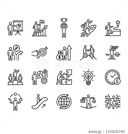 Set of 20 clean line vector icons representing business success, career growth, leadership, goals, strategy, and achievement. Modern outline design isolated on a white background. 133826740