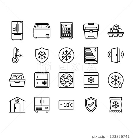 Set of 20 clean line vector icons for refrigeration and cold storage. Includes fridge, freezer, ice, thermometer, and temperature symbols. Isolated outline design. Set of 20 clean line vector icons for refrigeration and cold storage. Includes fridge, freezer, ice, thermometer, and temperature symbols. Isolated outline design. 133826741