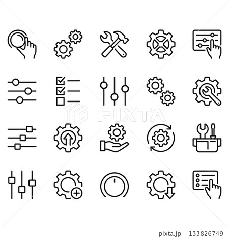 Vector line icons set covering settings, tools, gears, and configuration controls. Clean black outline style suitable for web, app interfaces, and UI UX design projects. Vector line icons set covering settings, tools, gears, and configuration controls. Clean black outline style suitable for web, app interfaces, and UI UX design projects. 133826749