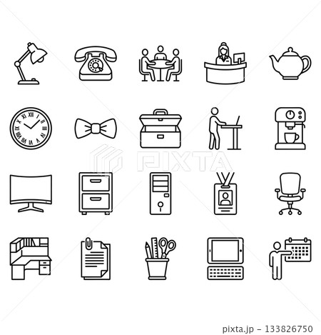 Vector line art icon set for office and business. 20 clean outline symbols including workspace furniture, technology, meeting, and administration elements. 133826750