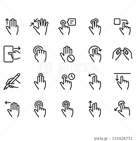 20 vector line icons depicting touchscreen hand gestures. Outline symbols for mobile UI actions like tap, swipe, pinch, scroll, multi-touch, and stylus use. Clean black strokes. 20 vector line icons depicting touchscreen hand gestures. Outline symbols for mobile UI actions like tap, swipe, pinch, scroll, multi-touch, and stylus use. Clean black strokes. 133826751