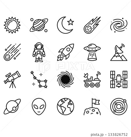 20 vector line icons depicting outer space, astronomy, and cosmic exploration. Outline symbols for planets, rockets, astronauts, telescopes, and celestial phenomena. 133826752