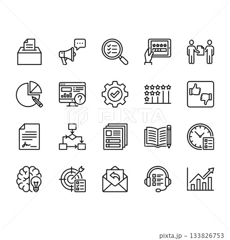 Set of 20 clean line vector icons for business, feedback, surveys, and analysis. Includes ratings, charts, documents, and process symbols. Isolated outline design. Set of 20 clean line vector icons for business, feedback, surveys, and analysis. Includes ratings, charts, documents, and process symbols. Isolated outline design. 133826753