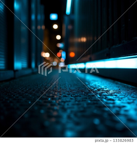Nighttime walkway illuminated by soft blue lights Generative AI 133826983