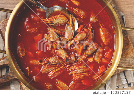 French shrimp bisque soup, in a pot, close-up, no people, French shrimp bisque soup, in a pot, close-up, no people, 133827157