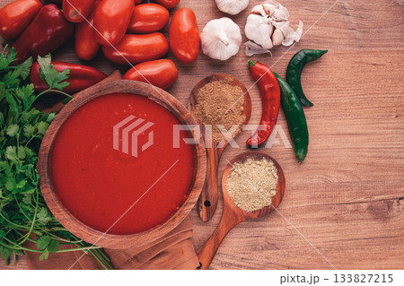 Georgian sauce, Satsebeli sauce, tomato and sweet pepper sauce, with spices, in a wooden bowl, homemade, no people, Georgian sauce, Satsebeli sauce, tomato and sweet pepper sauce, with spices, in a wooden bowl, homemade, no people, 133827215