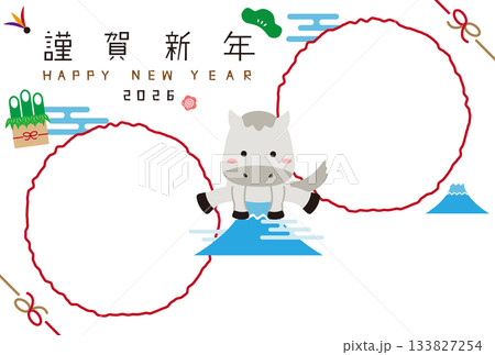 2026年賀 富士山ジャンプ白馬 年賀状 2つの丸背景白のフォトフレーム 2026年賀 富士山ジャンプ白馬 年賀状 2つの丸背景白のフォトフレーム 133827254